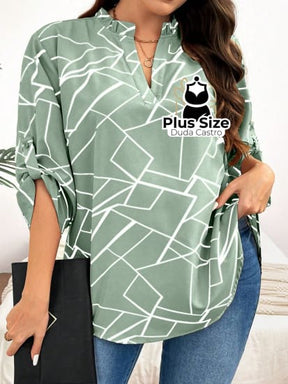 Camisa Estampa Geométrica Colarinho Em V Manga Enrolada Plus Size Blusa