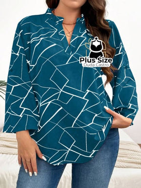 Camisa Estampa Geométrica Colarinho Em V Manga Enrolada Plus Size Blusa