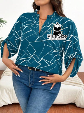 Camisa Estampa Geométrica Colarinho Em V Manga Enrolada Plus Size G / Azul Blusa