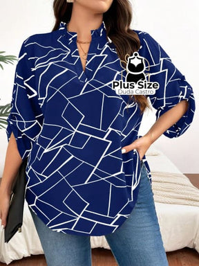 Plussize Camisa Estampa Geométrica Com Colarinho Em V E Manga Enrolada G / Azul Marinho Blusa Plus