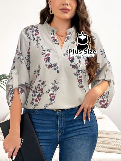 Camisa Estampa Geométrica Colarinho Em V Manga Enrolada Plus Size G / Cinza Blusa