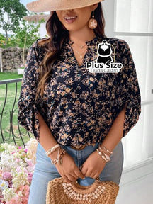 Camisa Estampa Geométrica Colarinho Em V Manga Enrolada Plus Size G / Florido Blusa