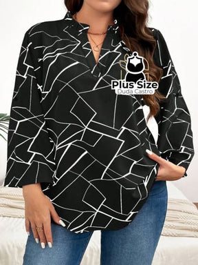 Camisa Estampa Geométrica Colarinho Em V Manga Enrolada Plus Size Blusa