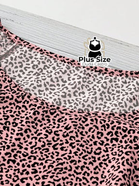 Camisa Estampa Leopardo Gola Redonda Manga Curta E Solta Várias Cores Plus Size Extra Blusa