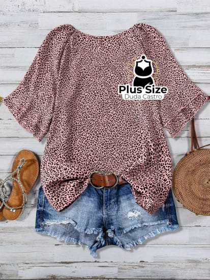 Camisa Estampa Leopardo Gola Redonda Manga Curta E Solta Várias Cores Plus Size Extra Blusa