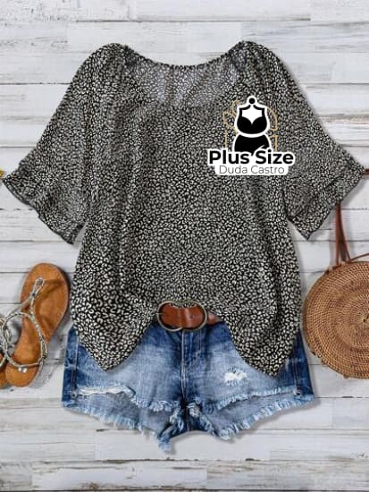 Camisa Estampa De Leopardo Gola Redonda Manga Curta E Solta Várias Cores Plus Size Extra G5 /