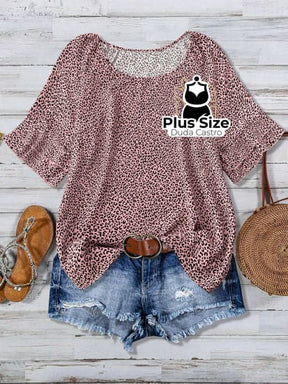 Camisa Estampa Leopardo Gola Redonda Manga Curta E Solta Várias Cores Plus Size Extra G5 / Rosa