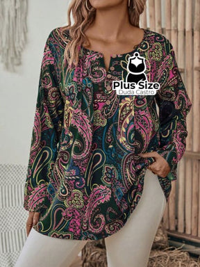 Camisa Estampa Paisley E Detalhe De Botão Manga Longa Plus Size Blusa