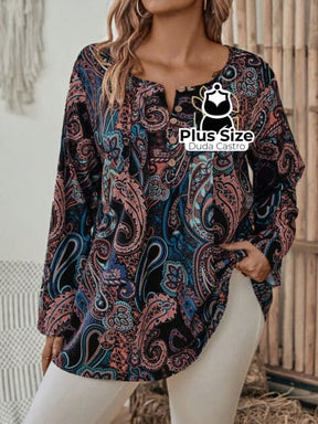 Camisa Estampa Paisley E Detalhe De Botão Manga Longa Plus Size Blusa