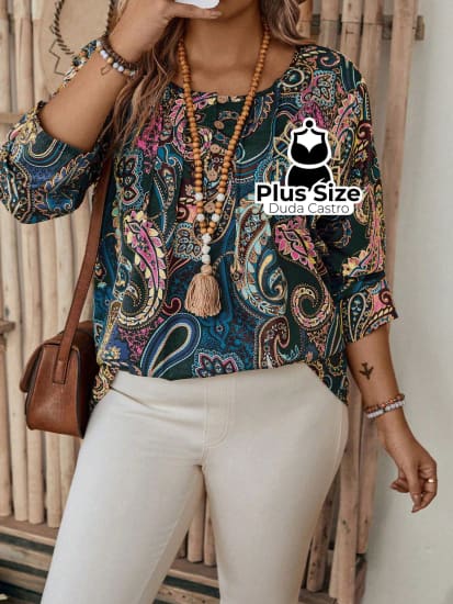 Camisa Estampa Paisley E Detalhe De Botão Manga Longa Plus Size Blusa