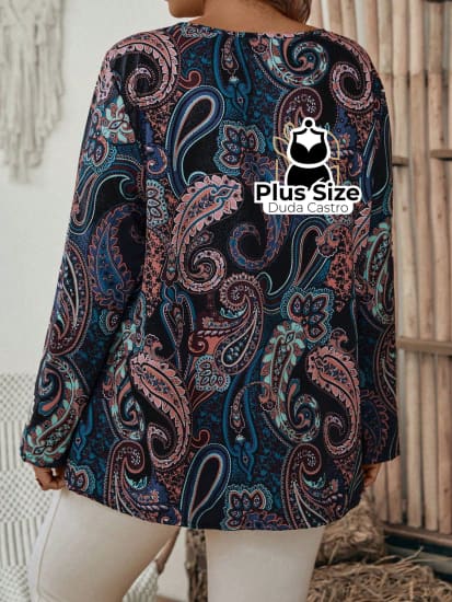 Camisa Estampa Paisley E Detalhe De Botão Manga Longa Plus Size Blusa