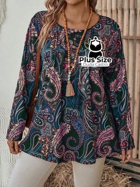 Camisa Estampa Paisley E Detalhe De Botão Manga Longa Plus Size Blusa