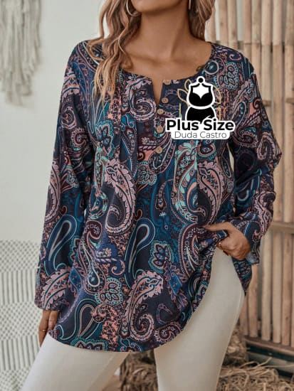 Plussize Camisa Estampa Paisley E Detalhe De Botão G Blusa Plus Size