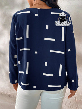 Camisa De Manga Longa Com Decote Em V E Estampa Geométrica Plus Size