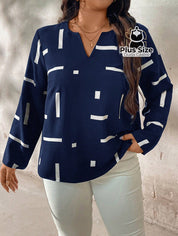 Camisa De Manga Longa Com Decote Em V E Estampa Geométrica Plus Size G / Azul Marinho