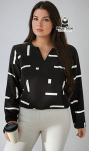 Camisa Geométrica Elegante de Manga Longa com Decote em V Plus Size G / Preto e Branco Camisa Geométrica Elegante de