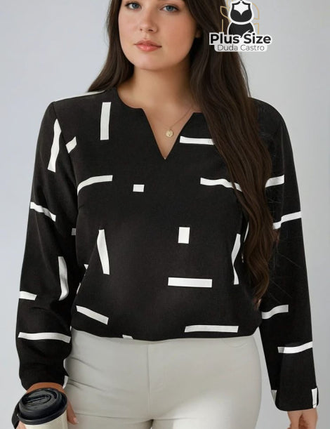  Preto e Branco Camisa Geométrica Elegante de