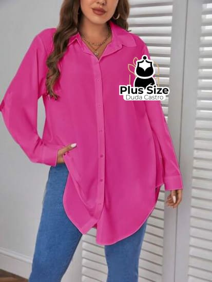 Camisa Longa De Botões Com Manga Ajustável Várias Cores Plus Size Blusa