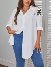 Camisa Longa De Botões Com Manga Ajustável Várias Cores Plus Size Blusa