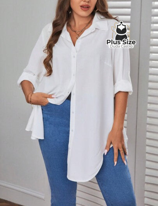 Camisa Longa De Botões Com Manga Ajustável Várias Cores Plus Size Blusa