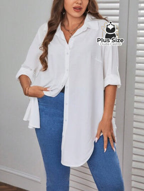 Camisa Longa De Botões Com Manga Ajustável Várias Cores Plus Size Blusa