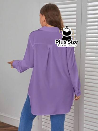 Camisa Longa De Botões Com Manga Ajustável Várias Cores Plus Size Blusa