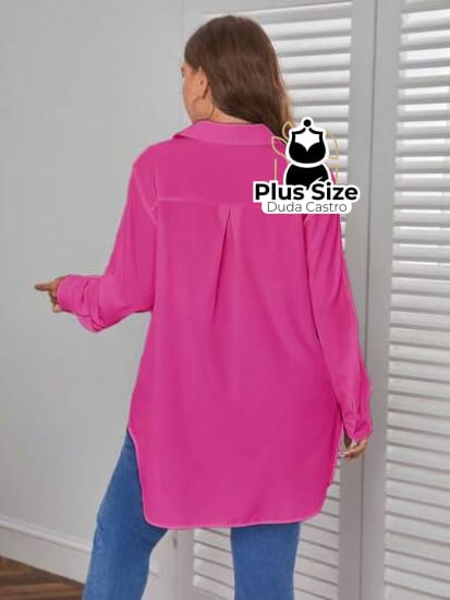 Camisa Longa De Botões Com Manga Ajustável Várias Cores Plus Size Blusa