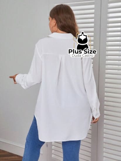 Camisa Longa De Botões Com Manga Ajustável Várias Cores Plus Size Blusa