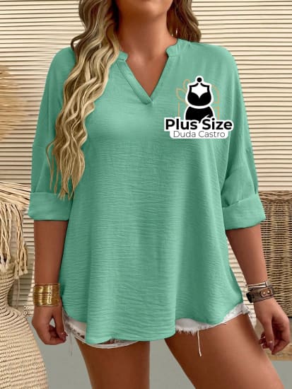 Camisa Longa De Botões Com Manga Ajustável Várias Cores Plus Size Blusa