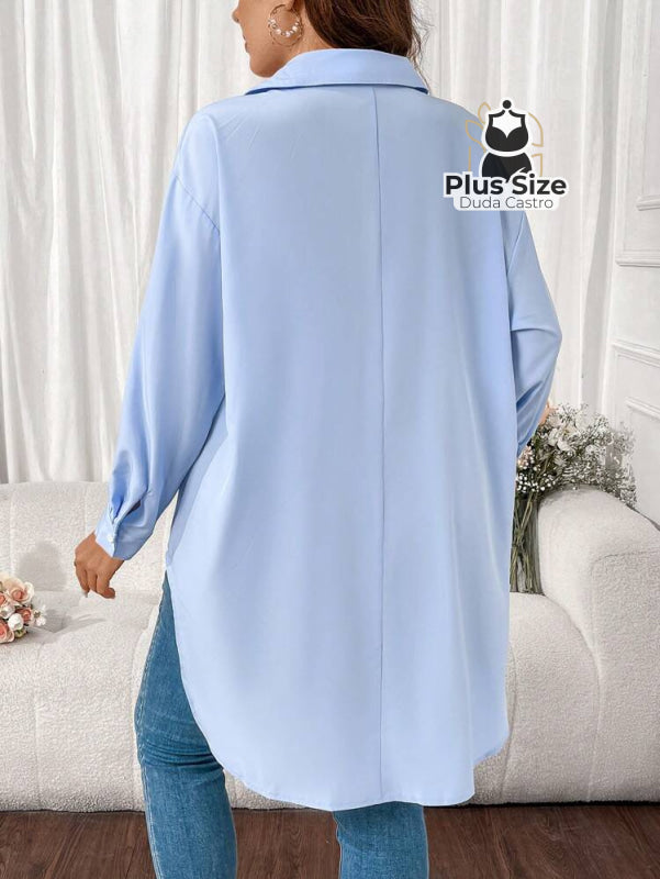 Camisa Longa de Botões com Manga Ajustável Várias Cores Plus Size Camisa Longa de Botões com Manga Ajustável Várias