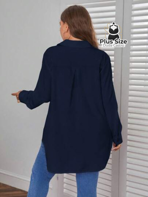 Camisa Longa De Botões Com Manga Ajustável Várias Cores Plus Size Blusa