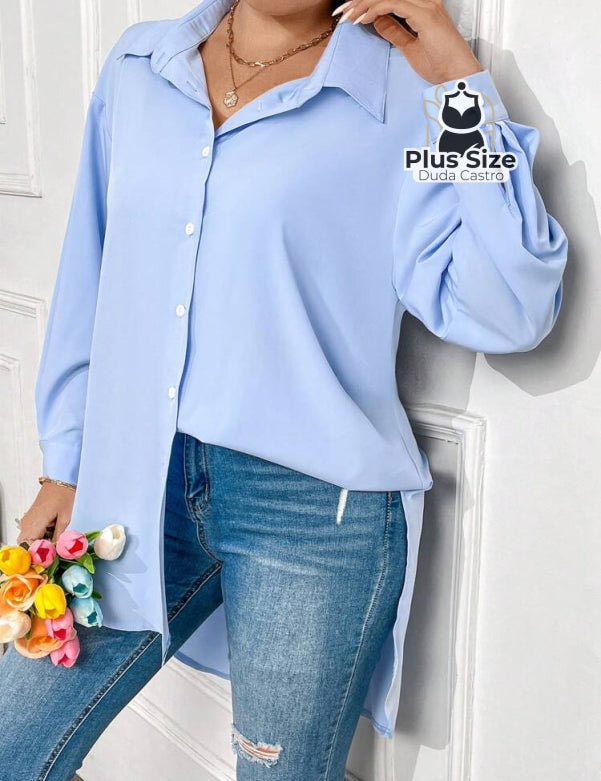 Camisa Longa de Botões com Manga Ajustável Várias Cores Plus Size Camisa Longa de Botões com Manga Ajustável Várias