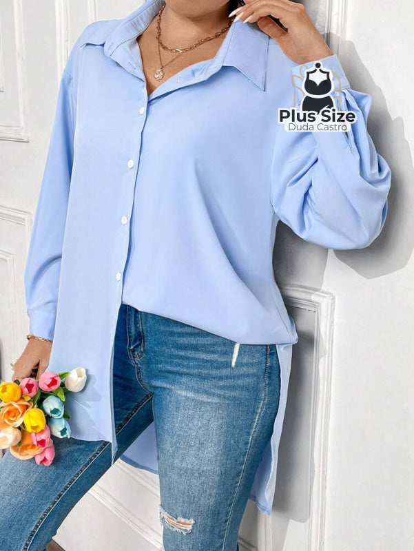 Camisa Longa de Botões com Manga Ajustável Várias Cores Plus Size Camisa Longa de Botões com Manga Ajustável Várias