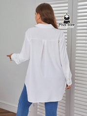 Camisa Longa De Botões Com Manga Ajustável Várias Cores Plus Size Blusa