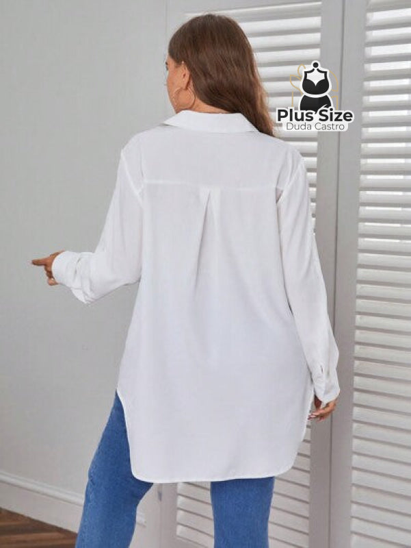 Camisa Longa De Botões Com Manga Ajustável Várias Cores Plus Size Blusa