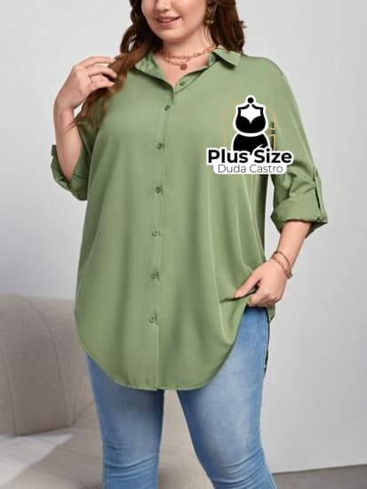 Camisa Longa De Botões Com Manga Ajustável Várias Cores Plus Size Blusa