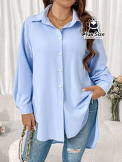 Camisa Longa de Botões com Manga Ajustável Várias Cores Plus Size G / Azul bebê Camisa Longa de Botões com Manga