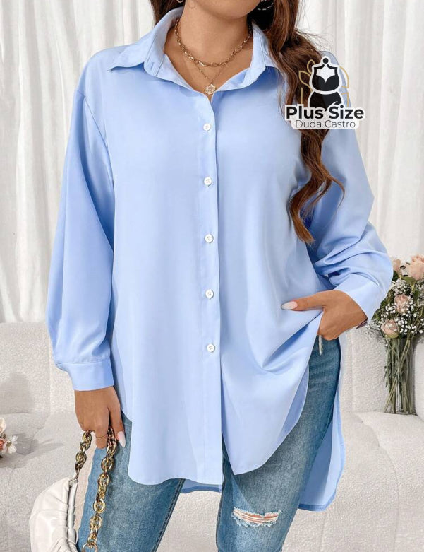  Azul bebê Camisa Longa de Botões com Manga