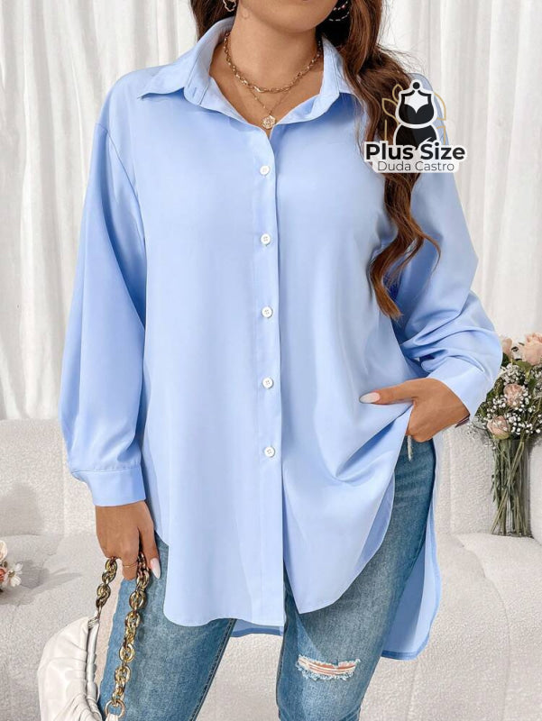 Camisa Longa de Botões com Manga Ajustável Várias Cores Plus Size G / Azul bebê Camisa Longa de Botões com Manga