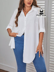 Camisa Longa De Botões Com Manga Ajustável Várias Cores Plus Size G / Branco Blusa