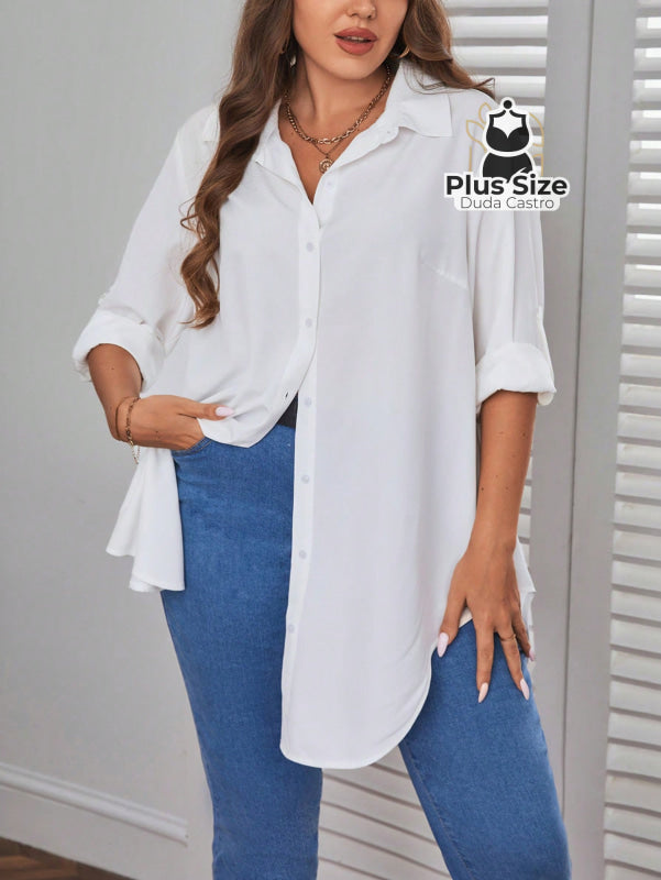 Camisa Longa De Botões Com Manga Ajustável Várias Cores Plus Size G / Branco Blusa
