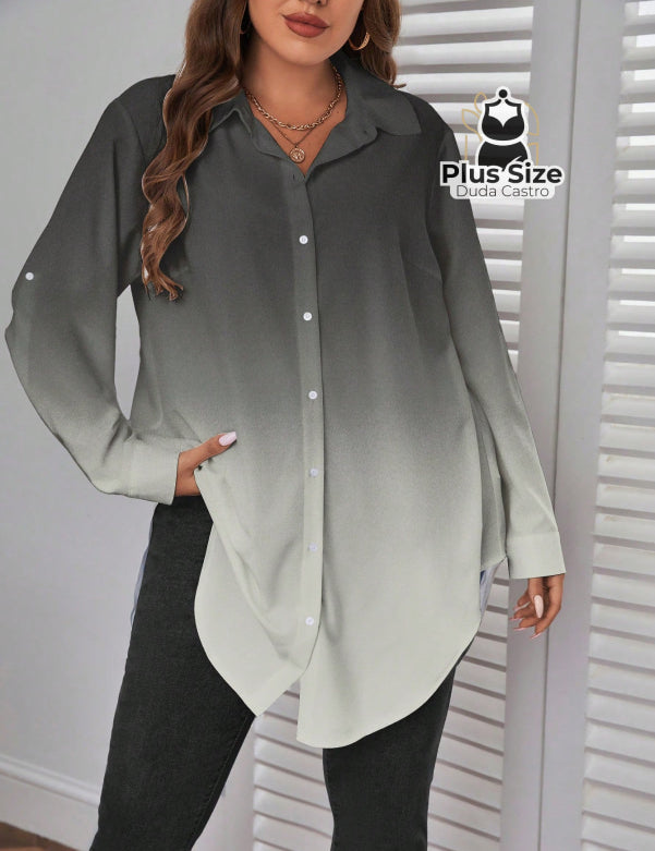  Cinza Camisa Longa de Botões com Manga Ajustável