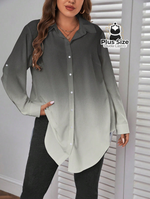 Camisa Longa de Botões com Manga Ajustável Várias Cores Plus Size G / Cinza Camisa Longa de Botões com Manga Ajustável