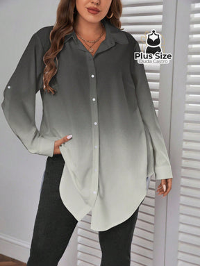 Camisa Longa de Botões com Manga Ajustável Várias Cores Plus Size G / Cinza Camisa Longa de Botões com Manga Ajustável