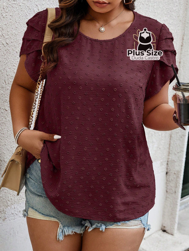 Camisa Manga Curta E Babados Plus Size Ponto Suiço Várias Cores Blusa