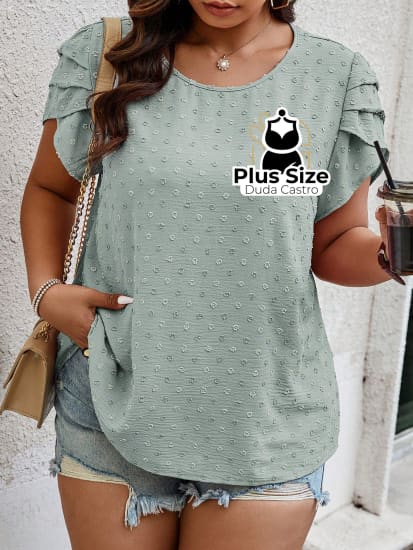 Camisa Manga Curta E Babados Plus Size Ponto Suiço Várias Cores Blusa