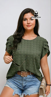 Camisa Manga Curta e Babados Plus Size Ponto Suiço Várias Cores G / Verde Militar Camisa Manga Curta e Babados Plus