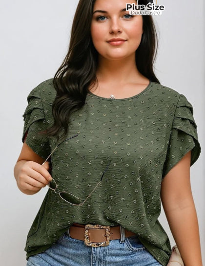  Verde Militar Camisa Manga Curta e Babados Plus