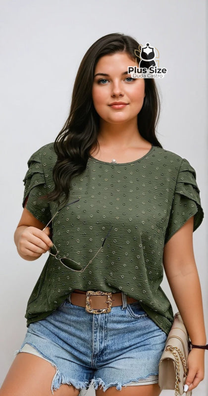 Camisa Manga Curta e Babados Plus Size Ponto Suiço Várias Cores G / Verde Militar Camisa Manga Curta e Babados Plus