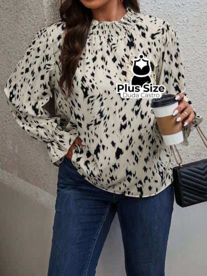 Camisa Manga Longa Estampa Animal Print Plus Size